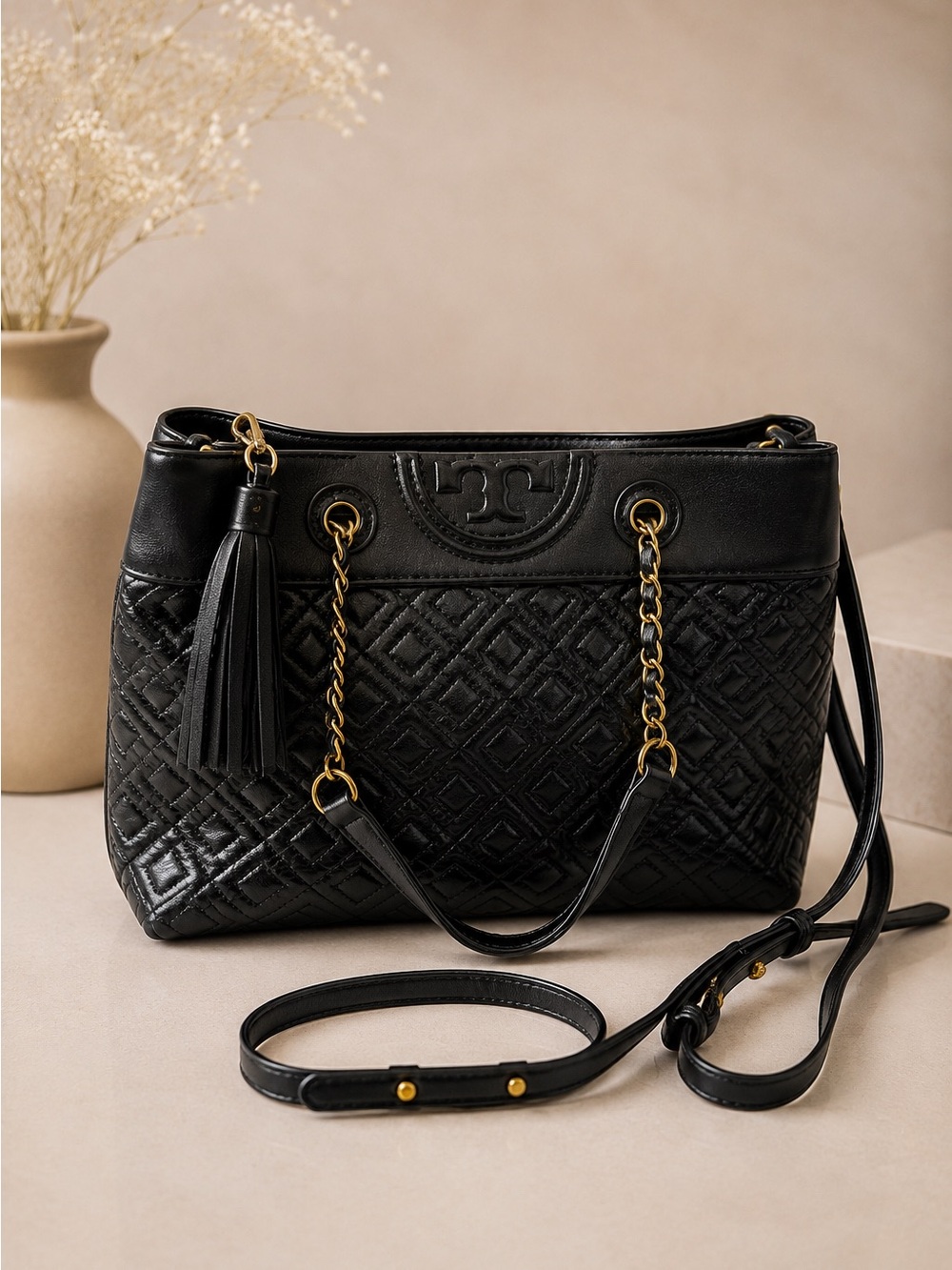 Tory Burch Black Quilted Leather Shoulder Bag with Gold Hardware
